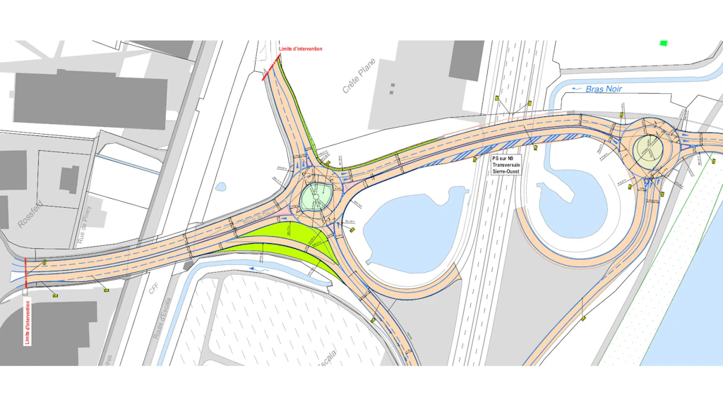 Farbiges Planungsdiagramm der zwei neuen Turbokreisel beim Anschluss Sierre-Ouest