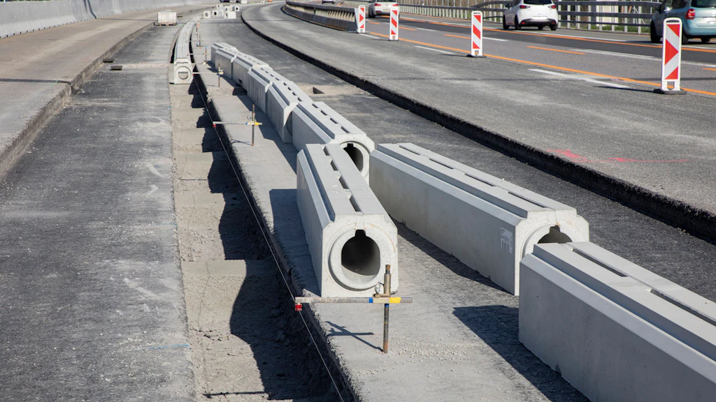 Bordure de route en béton posée le long d'une chaussée en travaux avec des véhicules en arrière-plan