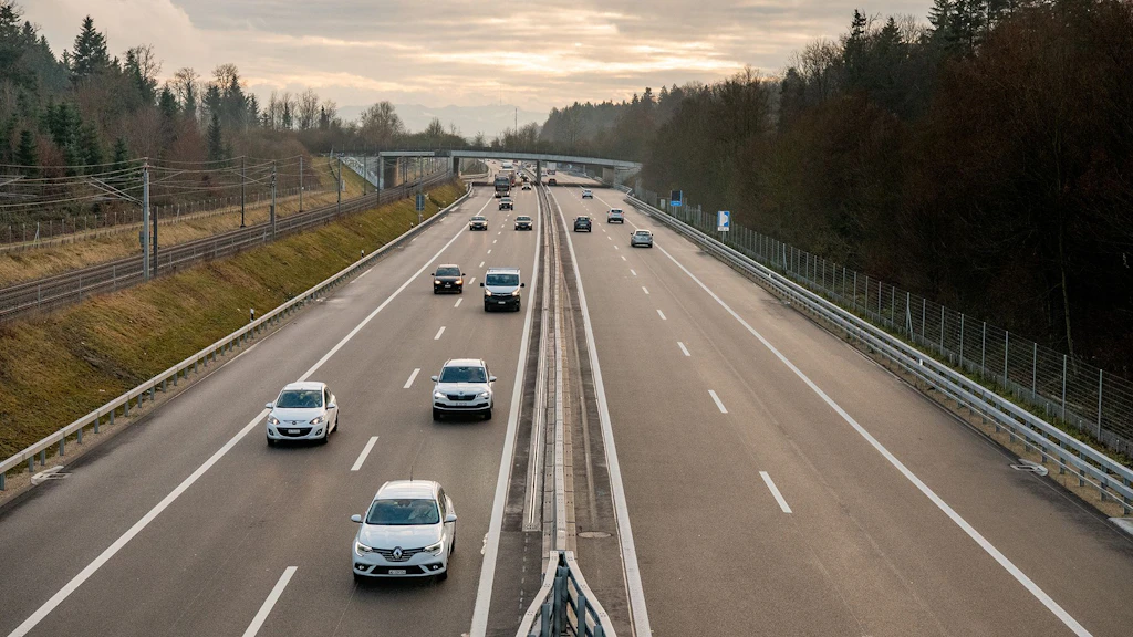 Vierspurige Autobahn mit mehreren Fahrzeugen in beiden Fahrtrichtungen, links Bahngleise, rechts Wald