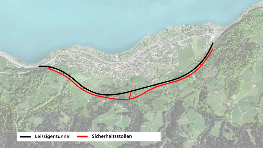 Schematische Darstellung des Tunnels in schwarzer Farbe und des Sicherheitsstollens in roter Farbe.