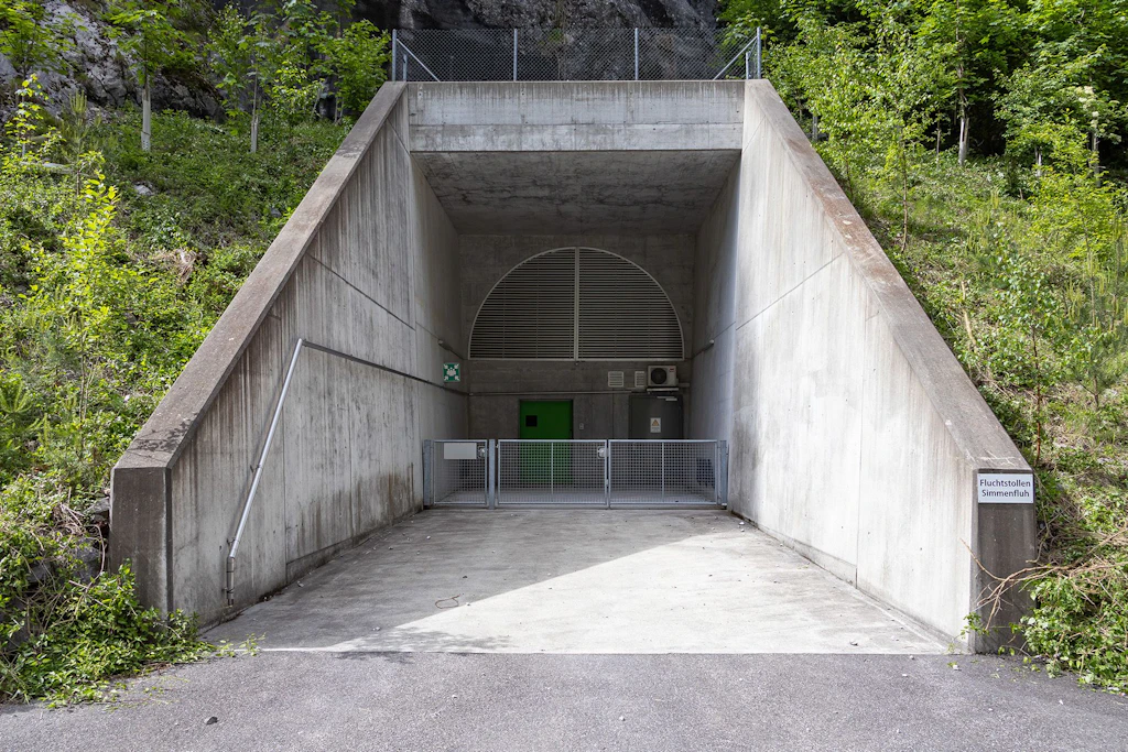 Sortie d'une galerie bétonnée vue de l'extérieur, avec une grille et un seuil de porte vert, dans un environnement boisé.