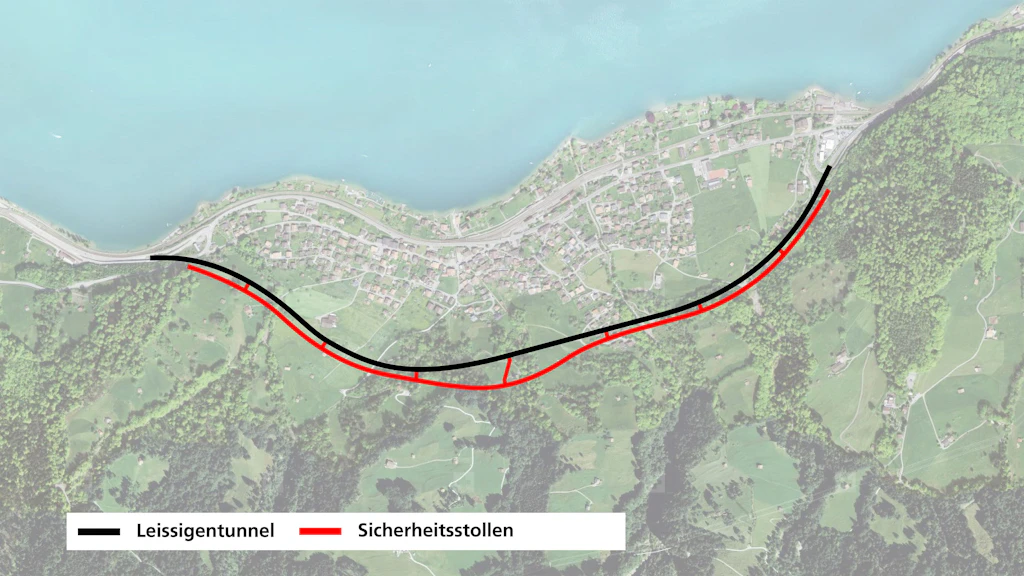 Représentation schématique du tunnel en noir et de la galerie de sécurité en rouge.